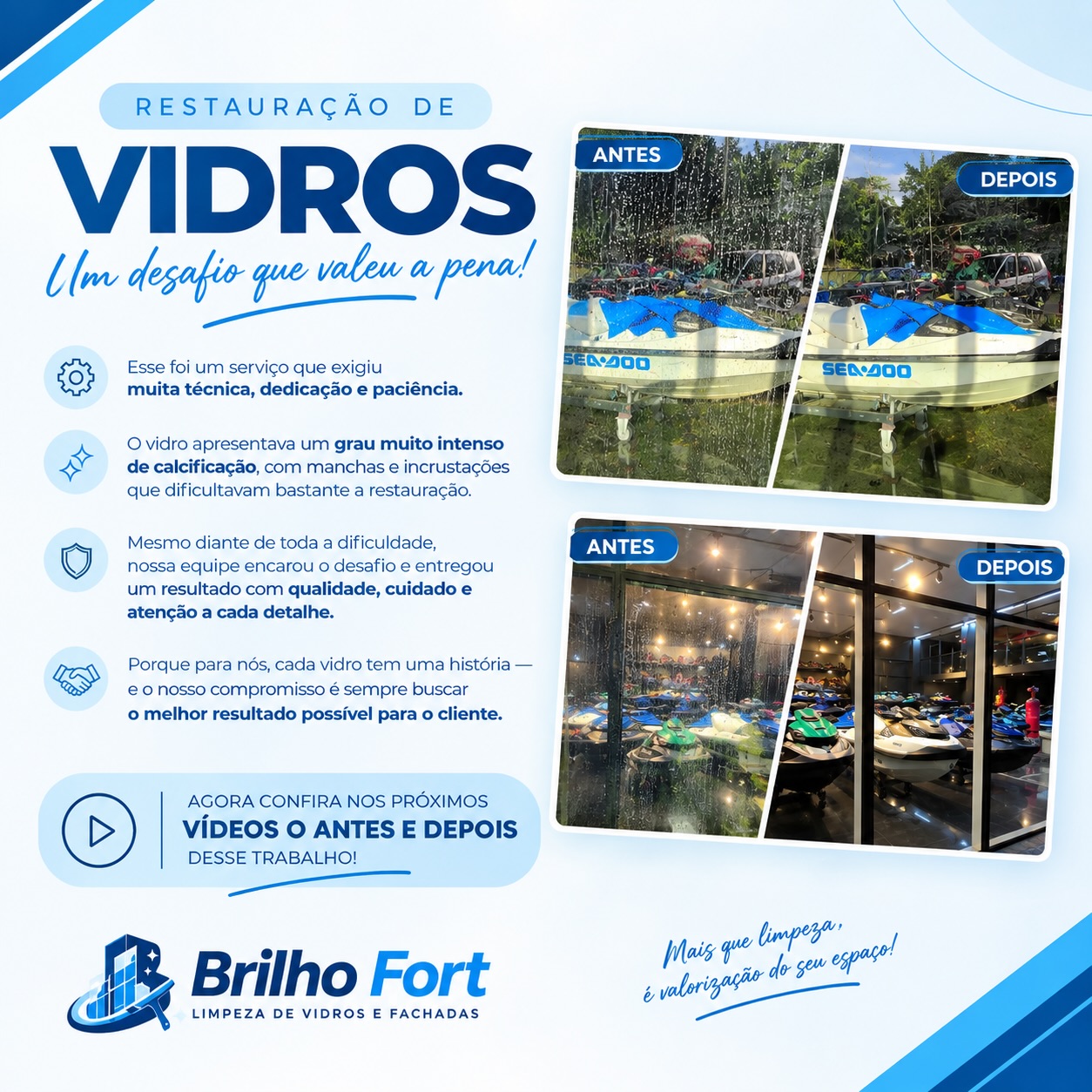 Trabalho de restauração de vidros com manchas e calcificação, com registros de antes e depois