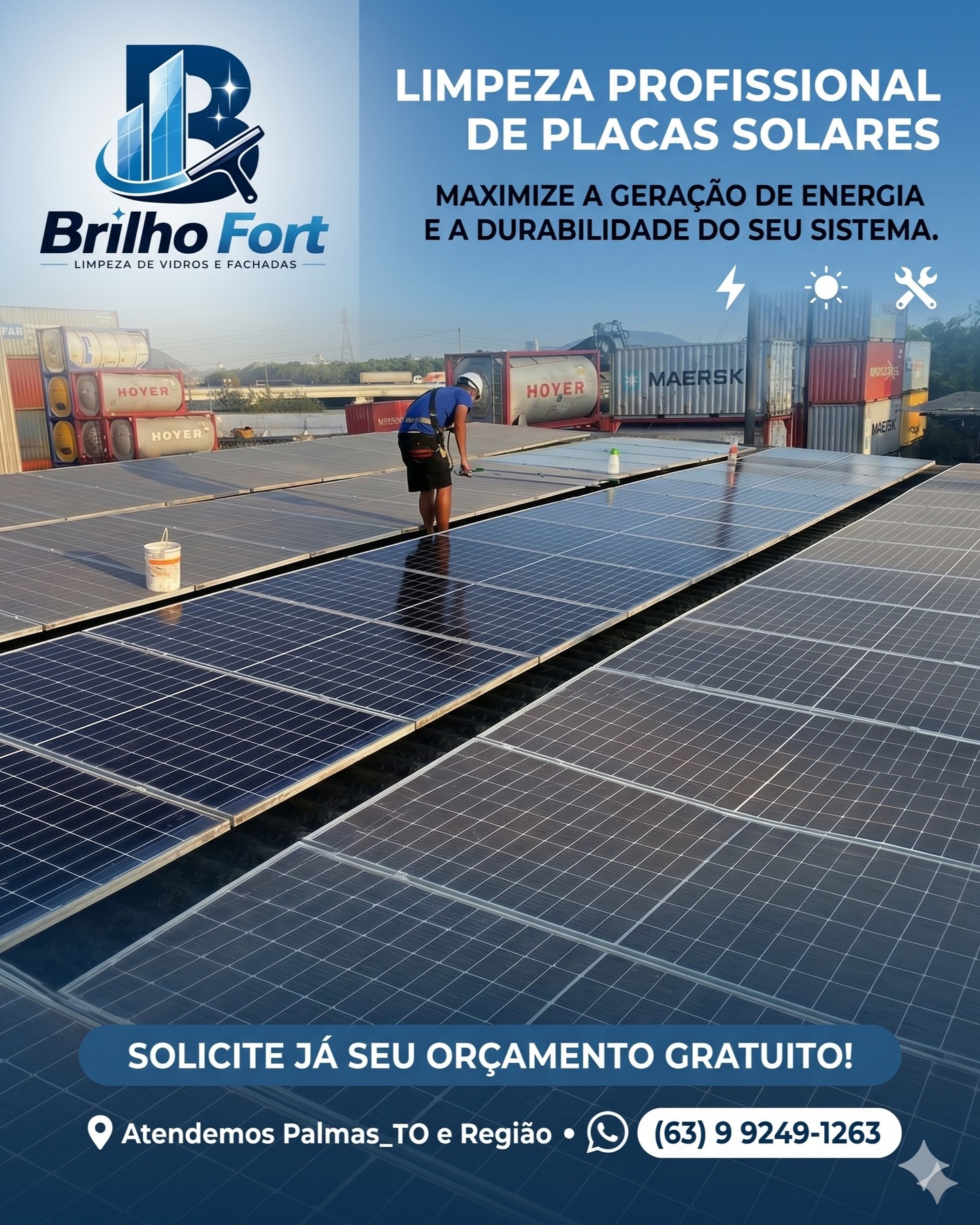 Publicação da Brilho Fort sobre limpeza profissional de placas solares